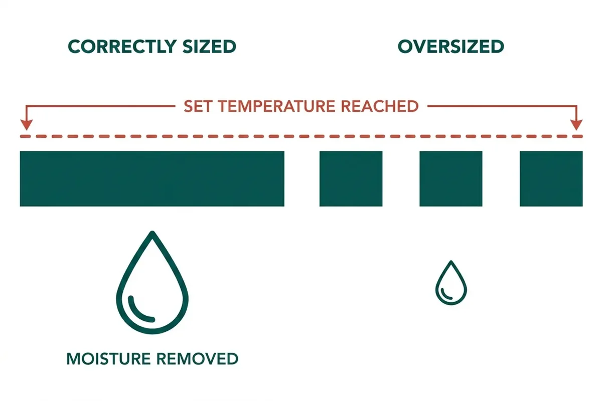 Diagram: a short air conditioning cycle cools the air without removing much moisture