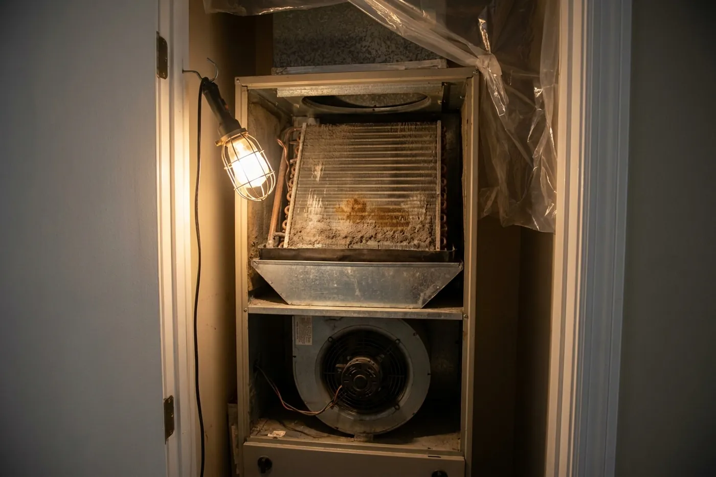 Air handler cabinet opened to show the evaporator coil and drain pan during mold removal
