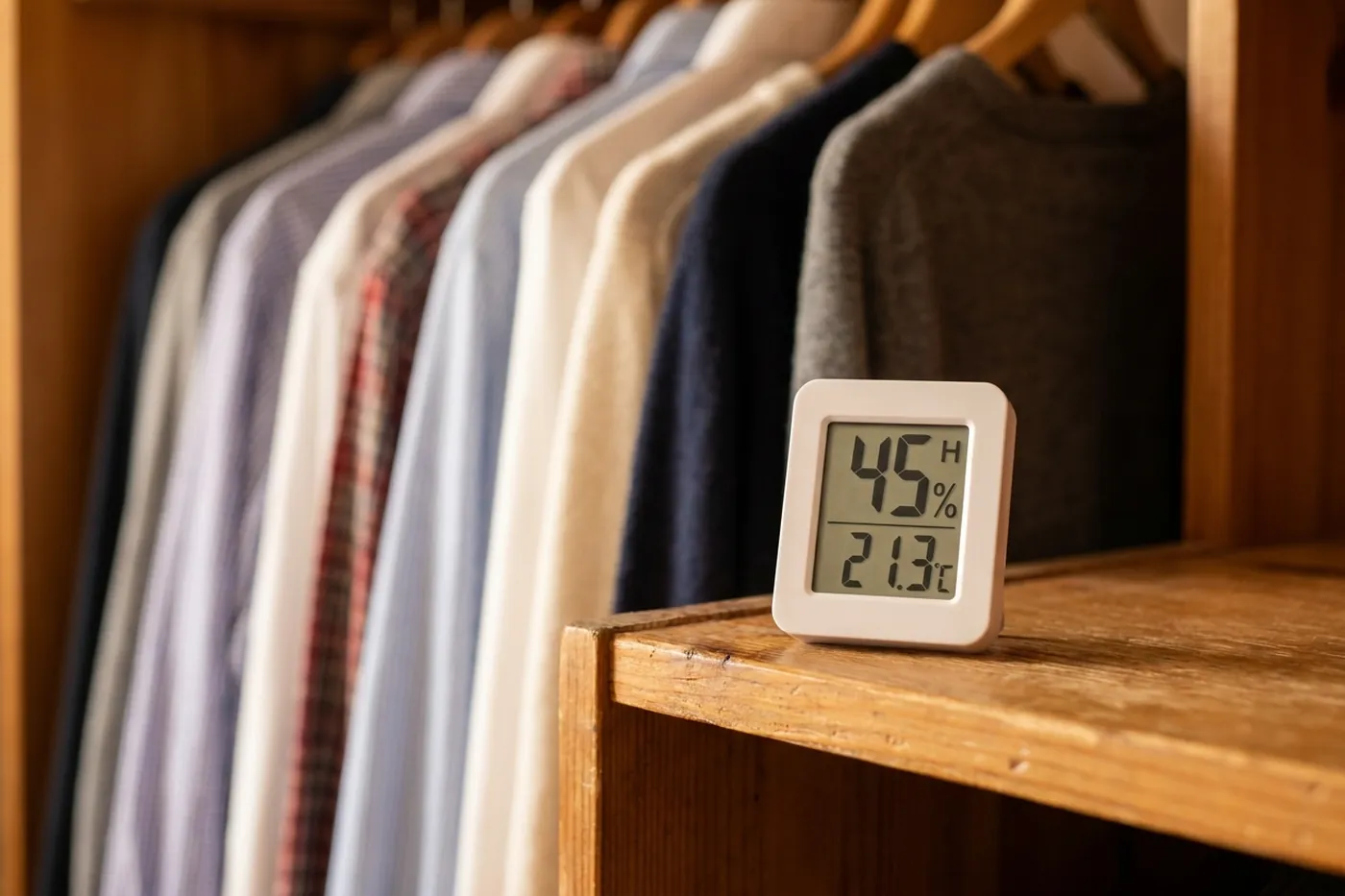 Digital hygrometer on a shelf reading relative humidity inside an Ocala home